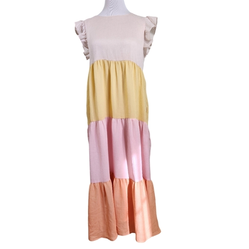 Anthropologie Tiered Maxi Dress in Cream, Yellow, Pink, Peach